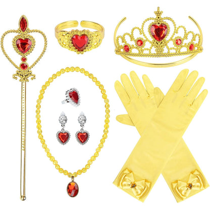 Princess Dress Up Party Accessories for Princess Costume Gloves Tiara Wand Necklace Earrings Bracelet and Ring Gift Set 9pcs (Blue, Set of 7, 9pcs)