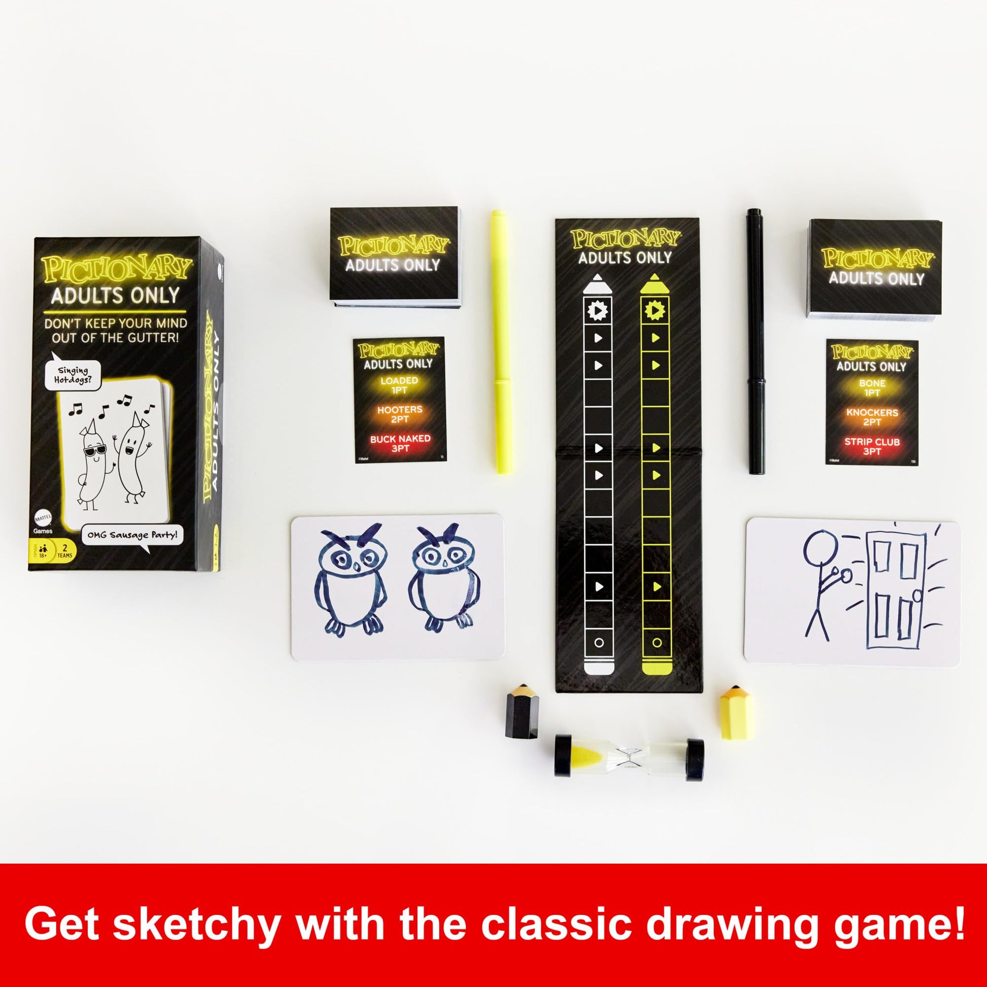 Buy now Mattel Games Pictionary Adults Only Party Drawing Game with Silly Sketches & NSFW Clue Cards, Boards, Markers & Sand Timer at indiglob india