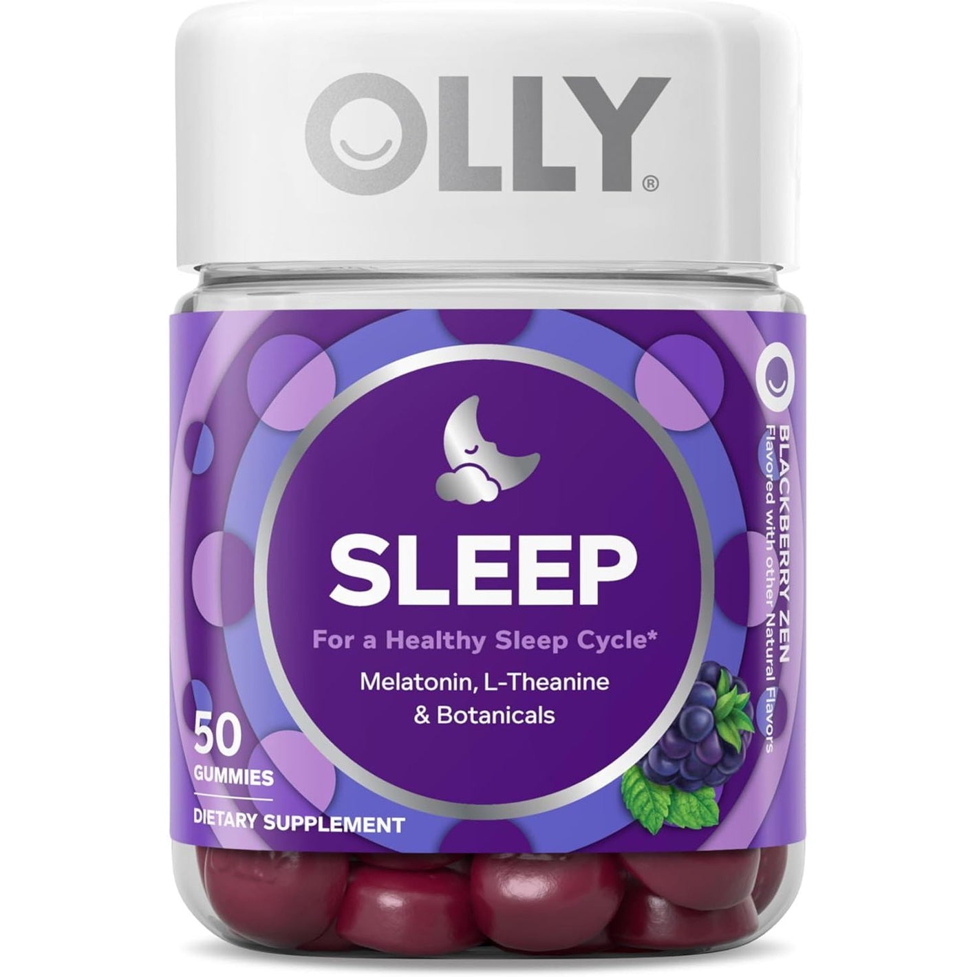 OLLY Restful Sleep Gummy Supplement with Melatonin & L-Theanine Chamomile, Blackberry Zen, 50 Gummies (25 Day Supply) Supports a Healthy Sleep Cycle* (Packaging May Vary)