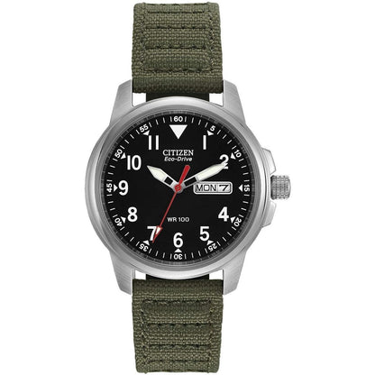 Citizen Men's Eco-Drive Weekender Garrison Field Watch in Stainless Steel with Olive Nylon Strap, Black Dial (Model: BM8180-03E)