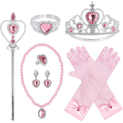 Princess Dress Up Party Accessories for Princess Costume Gloves Tiara Wand Necklace Earrings Bracelet and Ring Gift Set 9pcs (Blue, Set of 7, 9pcs)