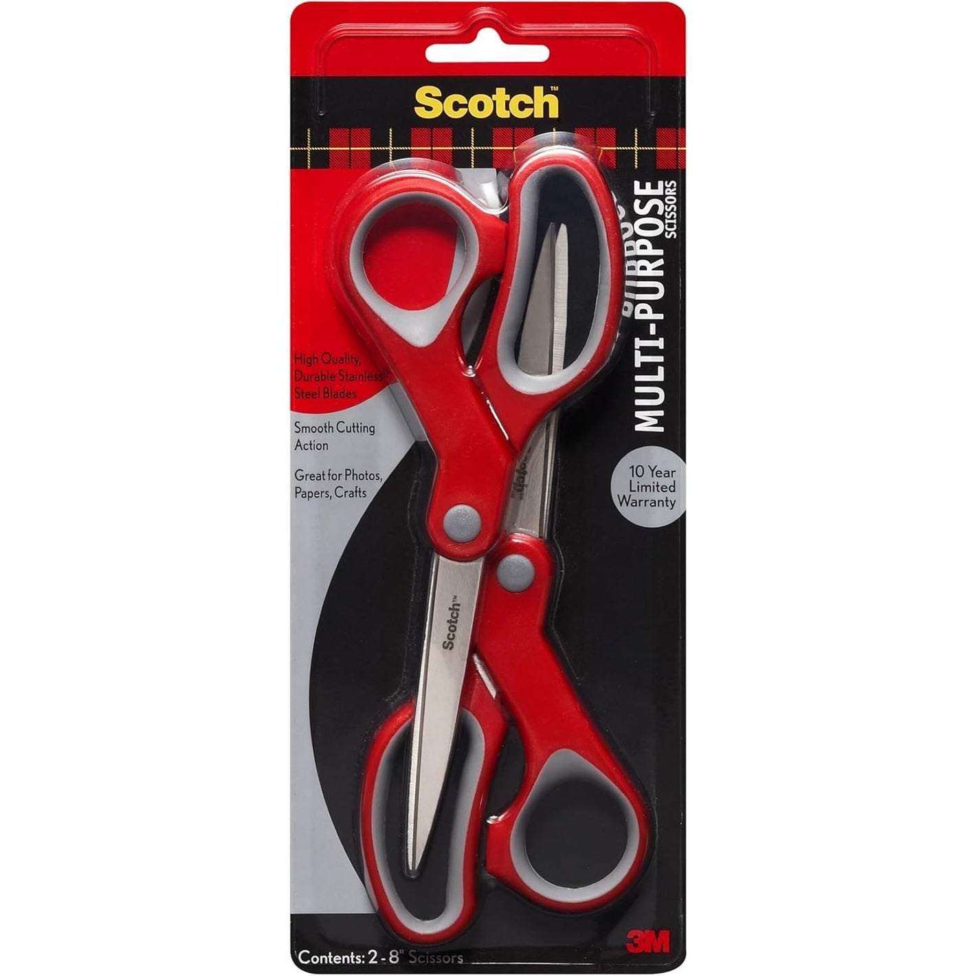 Scotch Multi-Purpose Stainless Steel All-Purpose 2 Pairs of Scissors, 8 Inches, Red & Gray, Great for home, school and office