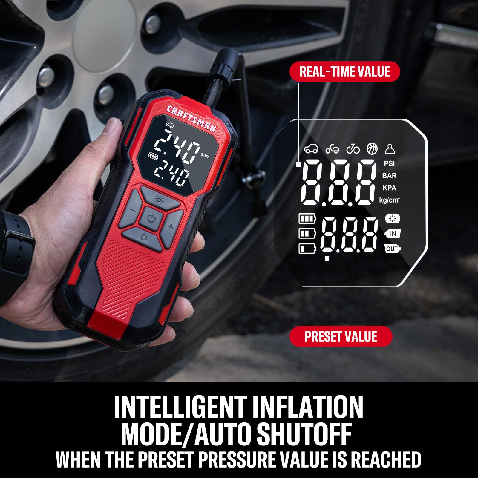 Buy now CRAFTSMAN Tire Inflator Portable Air Compressor, Cordless Mini Air Pump for Car Tires with Digital Tire Pressure Gauge, 6000mAh Battery Powered Air Pump, Max Pressure 150 PSI, 12V DC Corded at indiglob india