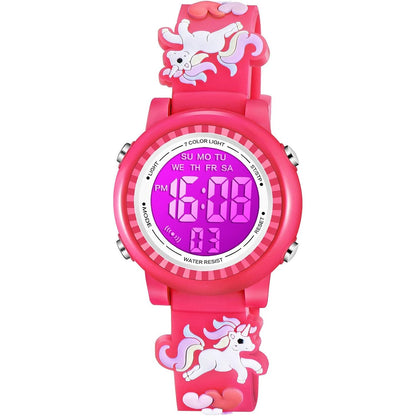 Venhoo Kids Watches 3D Cartoon Waterproof 7 Color Lights Toddler Wrist Digital Watch with Alarm Stopwatch for 3-10 Year Girls Little Child