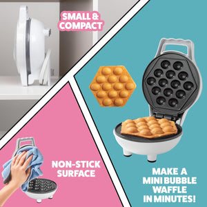 Bubble Mini Waffle Maker- Special Holiday Breakfast w Tiny Hong Kong Egg Style Design, 4" Individual Waffler Iron, Electric NonStick Baker w Recipes- Ice Cream Treat Dessert, Dorm Essential Xmas Gift