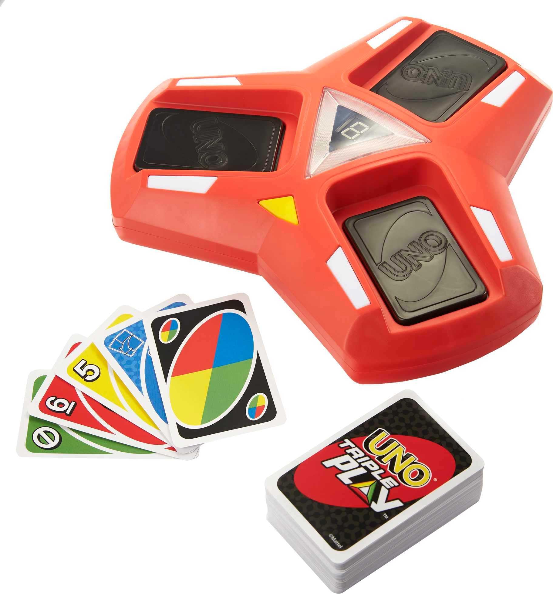 Buy now UNO Triple Play Card Game with Card-Holder Unit with Lights & Sounds & 112 Cards, Kid, Teen & Adult Game Night Gift Ages 7 Years & Older, HCC21 at indiglob india
