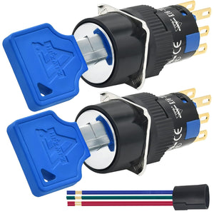 16mm 3 Position Key Switch 5/8" Mounting Hole 12V 24V 110V On Off Keylock Rotary Switch Latching with Socket Wire 2 Pcs 2 Pole (3 Position DPDT 6PIN)