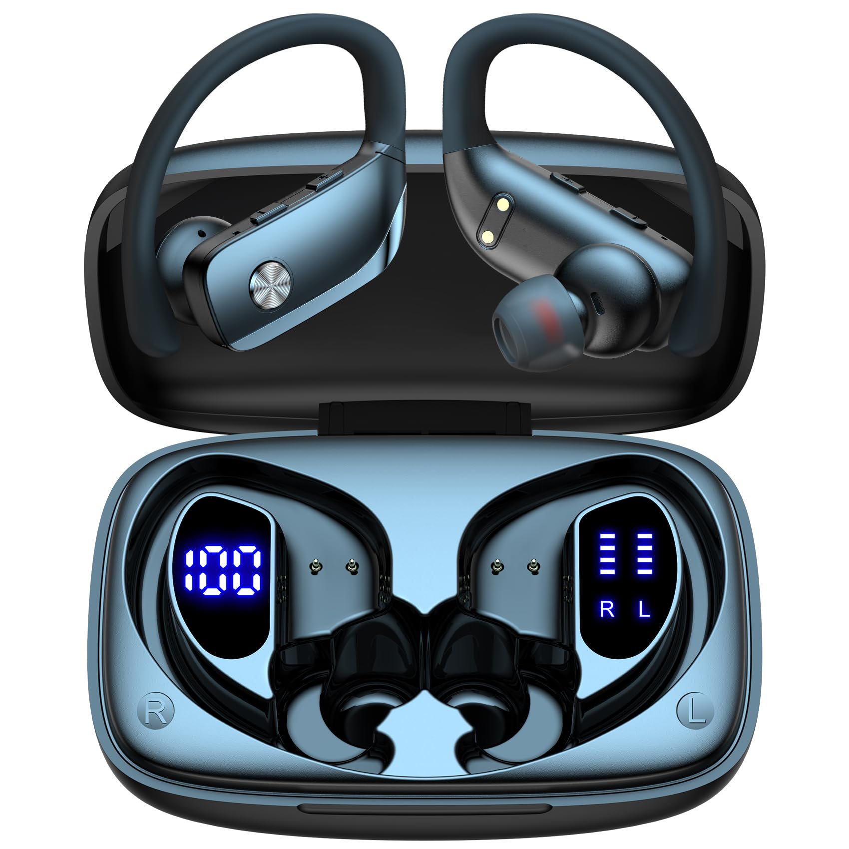 Buy now bmani Ear Buds Wireless Earbuds Bluetooth Headphones with 80H Playtime LED Display Case, Over-Ear Hook with Mic, Stereo Sound, Easy Button Controls, Sports Earphones for Running Workout Gym Black at indiglob india