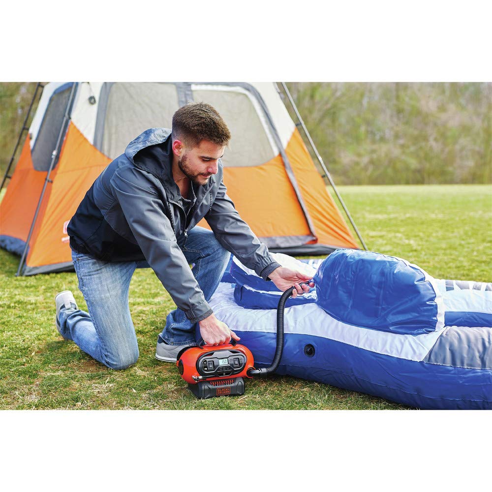 Buy now BLACK+DECKER Tire Inflator Portable Air Compressor, Air Pump for Inflatables, 3 Modes: Electric Outlet, 12V Car Adapter and Cordless 20V MAX, Battery Sold Separately (BDINF20C) at indiglob india