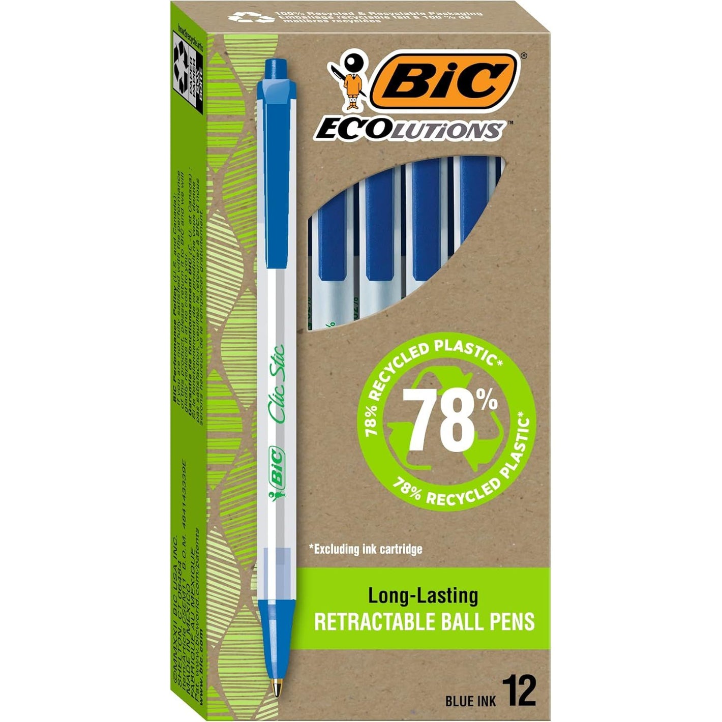 BIC Ecolutions Clic Stic Blue Ballpoint Pens, Medium Point (1.0mm), 12-Count Pack, Retractable Ball Point Pens Made from 78% Recycled Plastic