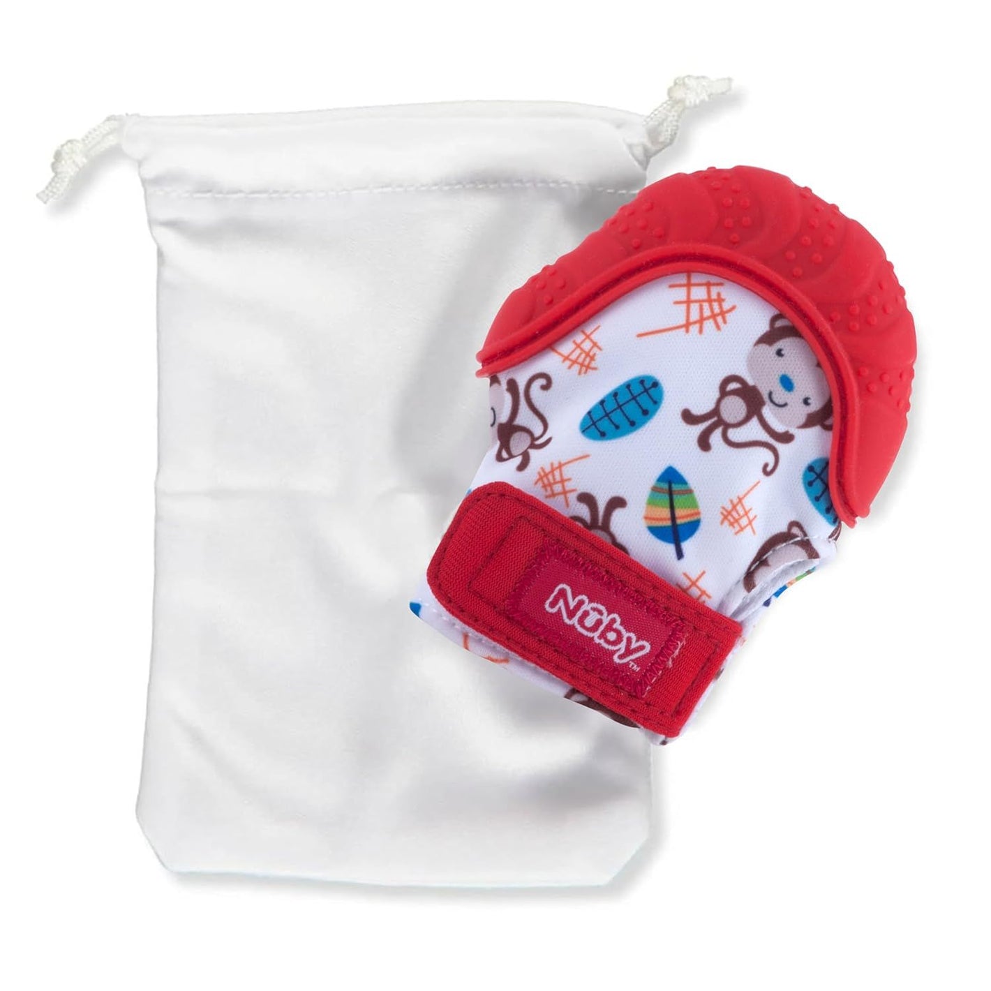Nuby Soothing Teething Mitten with Hygienic Travel Bag, Red Monkey, 1 Count (Pack of 1)