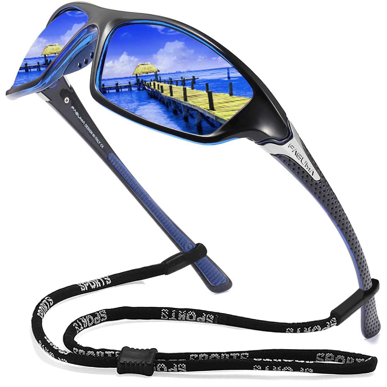 Buy now FAGUMA Sports Polarized Sunglasses For Men Cycling Driving Fishing UV400 Protection Black Mazarine Frame Mazarine Mirrored Lens at indiglob india