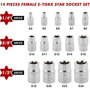 CASOMAN 14 Pieces Female E-TORX Star Socket Set, Female External Star Socket Set, E4 - E24 Torque Socket Set, 1/4"Dr. 3/8"Dr. 1/2"Dr.
