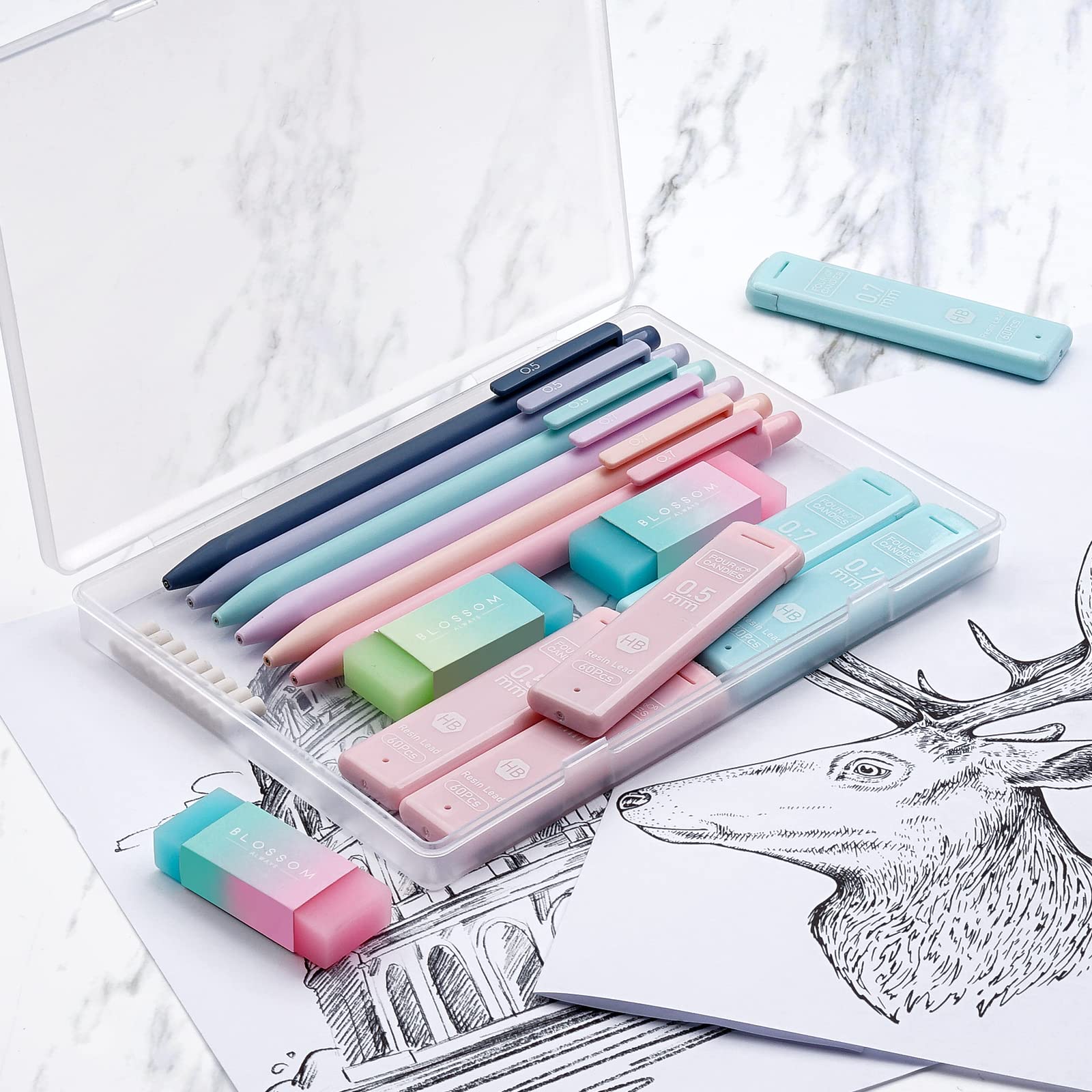 Buy now Four Candies Cute Mechanical Pencil Set, 6PCS Pastel Mechanical Pencils 0.5 & 0.7mm with 360PCS HB Leads, 3PCS Erasers and 9PCS Eraser Refills, Aesthetic School Supplies for Girls Writing at indiglob india