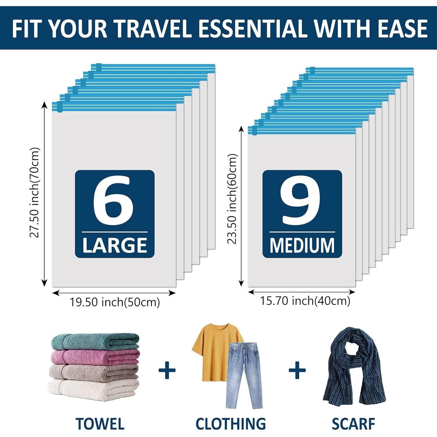 15 Compression Bags for Travel, Roll Up Space Saver Bags for Travel, Saves 80% of Storage Space for Packing & Clothes, No Pump or Vacuum Needed - My Store