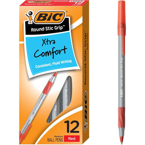 BIC Round Stic Grip Xtra Comfort Red Ballpoint Pens, Medium Point (1.2mm), 12-Count Pack, Excellent Writing Pens With Soft Grip for Superb Comfort and Control