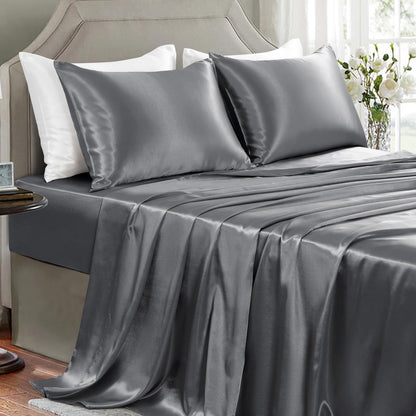 Satin Sheets King Size - 4 Pieces Luxury Silky Soft Bed Sheets, Wrinkle-Free Gold Satin Silk Sheet Set with 1 Deep Pocket Fitted Sheet, 1 Flat Sheet, 2 Pillow Cases