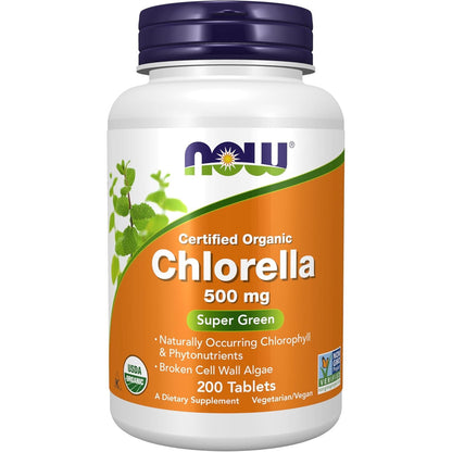 NOW Foods Supplements, Organic Chlorella 500 mg with naturally occurring Chlorophyll, Beta-Carotene, mixed Carotenoids, Vitamin C, Iron and Protein, 200 Tablets