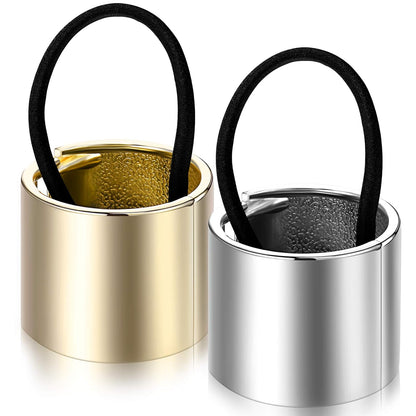 Chuangdi 2 Pcs Gold Hair Cuff Ponytail Hair Ties Holder Rings Silver for Women Gothic Punk Headwear Accessories Including Cuff Metal Circle Band Rope Elastic Clip