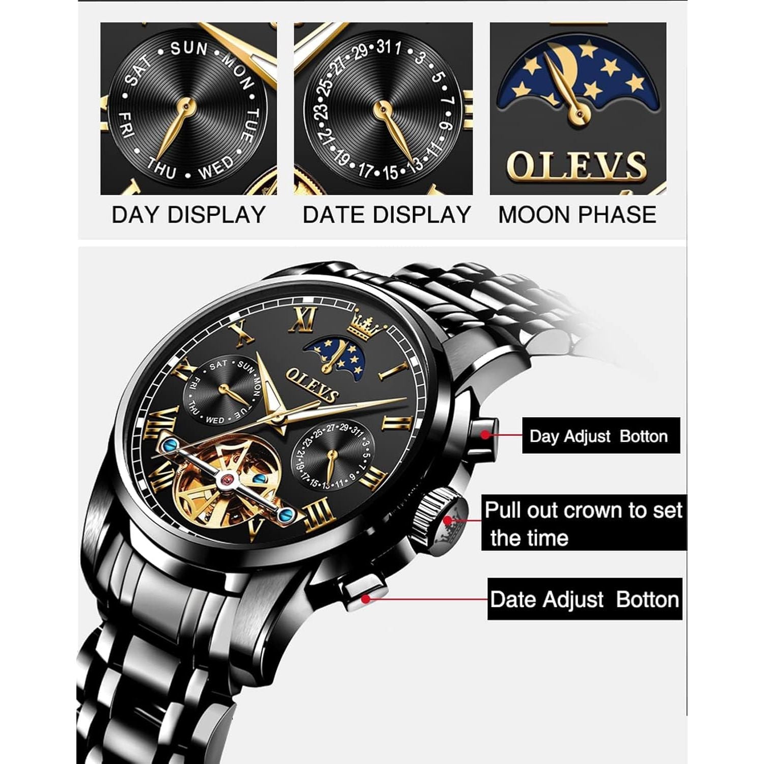 Buy now OLEVS Mens Automatic Watches Skeleton Tourbillon Mechanical Self Winding Luxury Dress Wrist Watch Moon Phase Day Date Waterproof Luminous at indiglob india