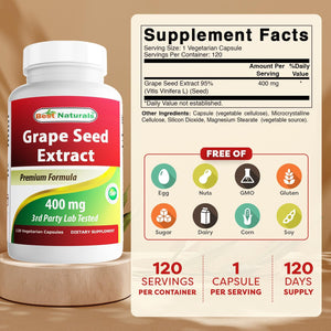 Best Naturals Grape Seed Extract 400 mg Veggie Capsule, 120 Count