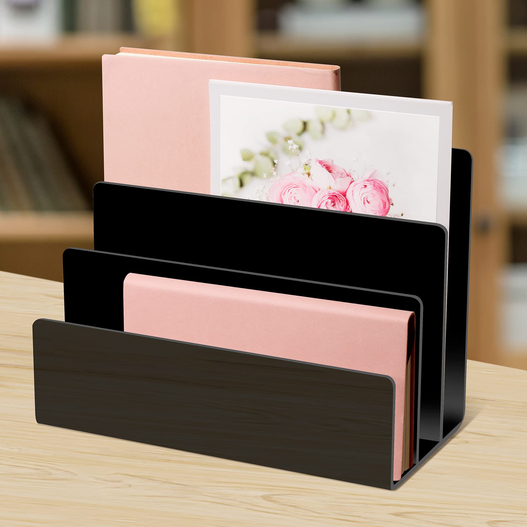 Buy now Acrylic Desktop File Sorter Thick Cast Holder for Document Paper Letter Book Envelope Laptop Office File Organizer Stand Rack on Office Desktop (Black) at indiglob india