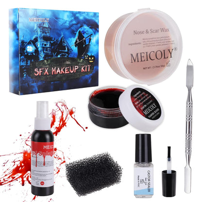 MEICOLY SFX Makeup Kit Scars Wax, Fake Blood Spray(2.1Oz) Halloween Special Effect Wound Modeling Skin Wax(1.67Oz) with Spatula, Black Stipple Sponge, Coagulated Blood Gel(1.06Oz),5ml Castor Sealer,02