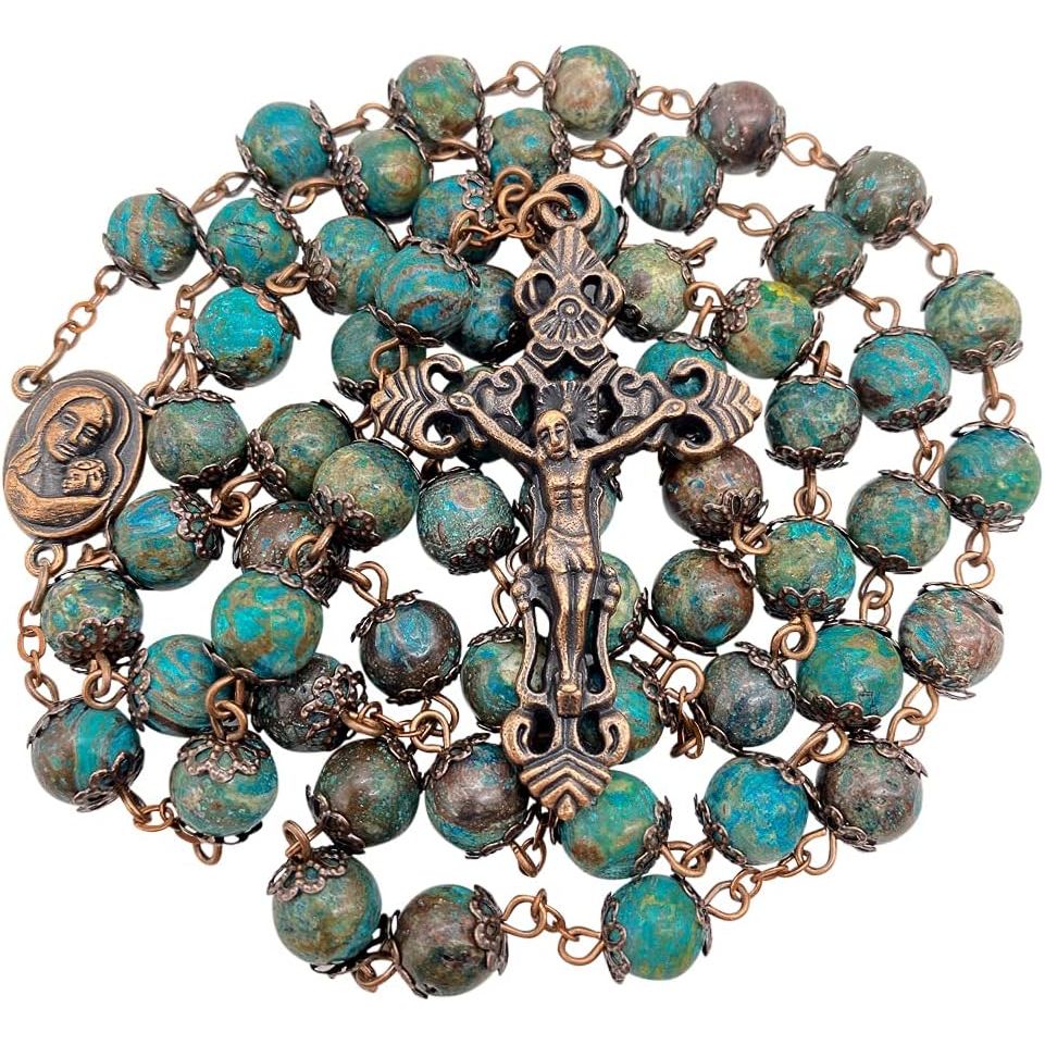 Buy now Nazareth Store Vintage Design Rosary Natural Jasper Stone Beads Necklace Holy Soil Medal & Cross Crucifix Religious Rosaries Terra Santa Jerusalem Collection at indiglob india