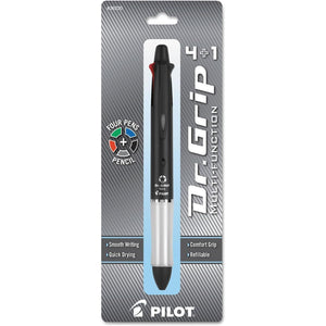 PILOT Dr. Grip 4+1 Multi-Function Refillable & Retractable Ballpoint Pen + Pencil, Fine Point, Black Barrel, Black/Red/Blue/Green Inks, Single Pen (36220)