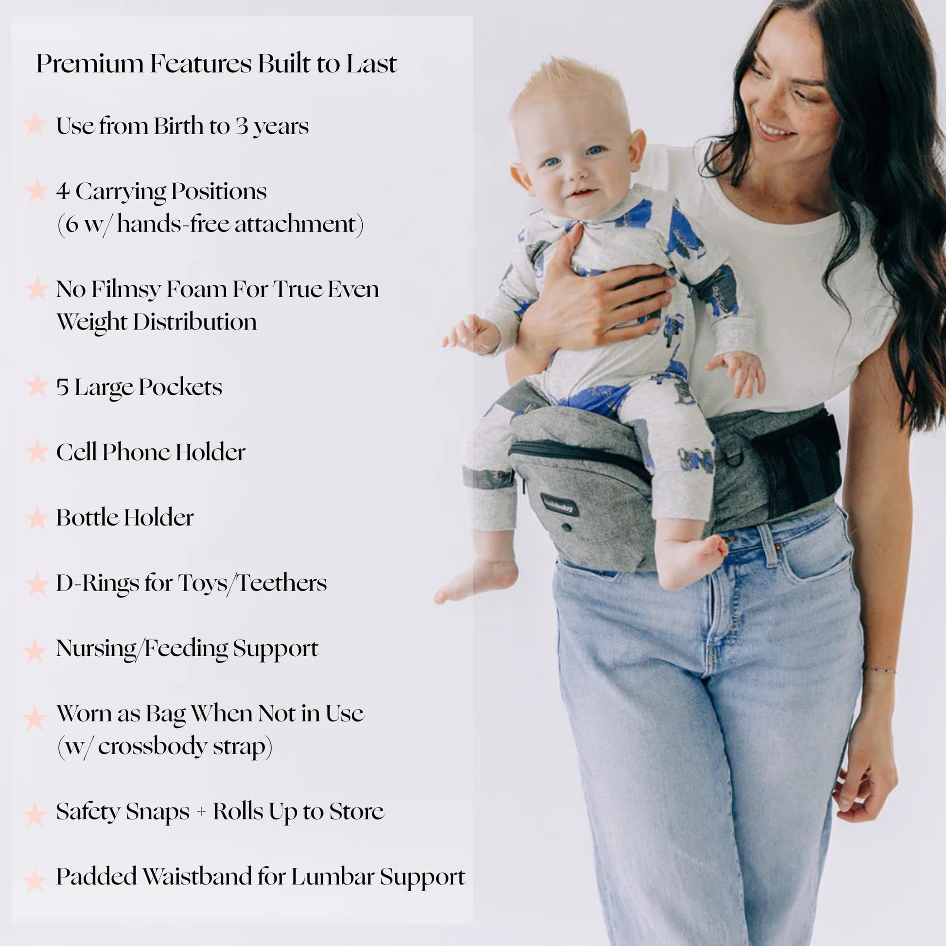 Buy now Tushbaby Original Hip Seat Baby Carrier for Babies & Toddlers up to 45 lbs, Safety Certified, Lightweight No-Foam Design with Storage & Nursing Support, Grey at indiglob india