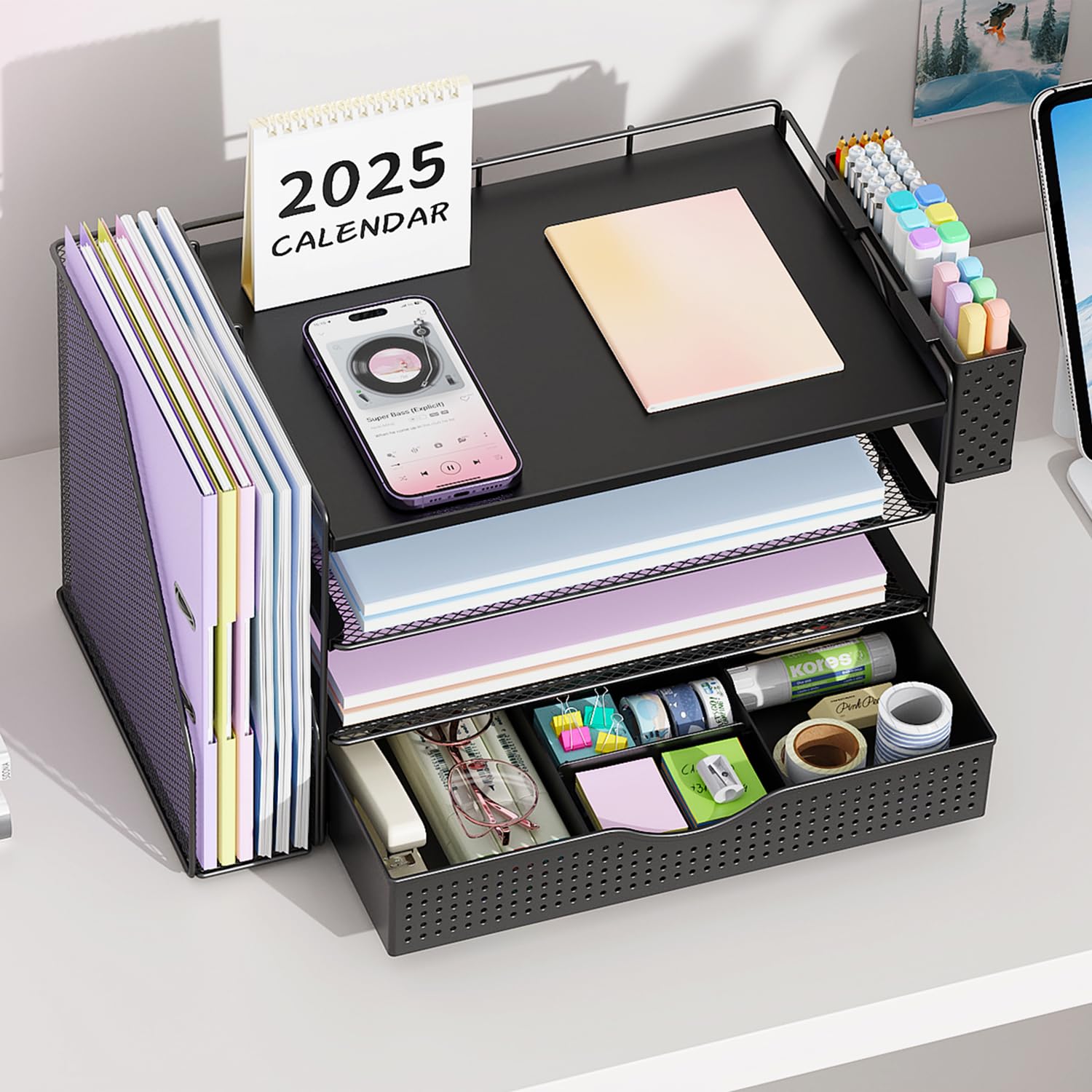 Buy now gianotter Wood Desk Organizers and Accessories with File Holder, 4-Tier Desk Accessories & Workspace Organizers with Drawer and Pen Holder, Paper Organizer for Office Supplies (Black) at indiglob india