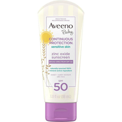 Aveeno Baby Continuous Protection Zinc Oxide Mineral Sunscreen Lotion for Sensitive Skin with Broad Spectrum SPF 50, Tear-Free, Sweat- & Water-Resistant, Travel-Size, 3 fl. Oz - My Store
