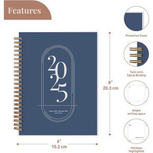 Rileys 2025 Weekly Planner - Annual Weekly & Monthly Agenda Planner, Jan - Dec 2025, Flexible Cover, Notes Pages, Twin-Wire Binding (8 x 6-Inches, Midnight Blue)