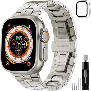 Titanium Metal Band Compatible with Apple Watch Band Ultra 49mm 45mm 44mm 42mm，with Titanium Strap for Butterfly Clasp for iWatch Series 8/7/6/5/4/3/2/1 SE (Contains Apple Watch Ultra Case)