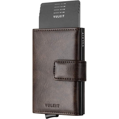 VULKIT RFID Card Wallet for Men, Slim Compact Men's Wallet, Leather RFID Blocking Credit Card Holder Wallet, Trifold Thin Metal Security Pop Up Wallet, Gift Box Packing