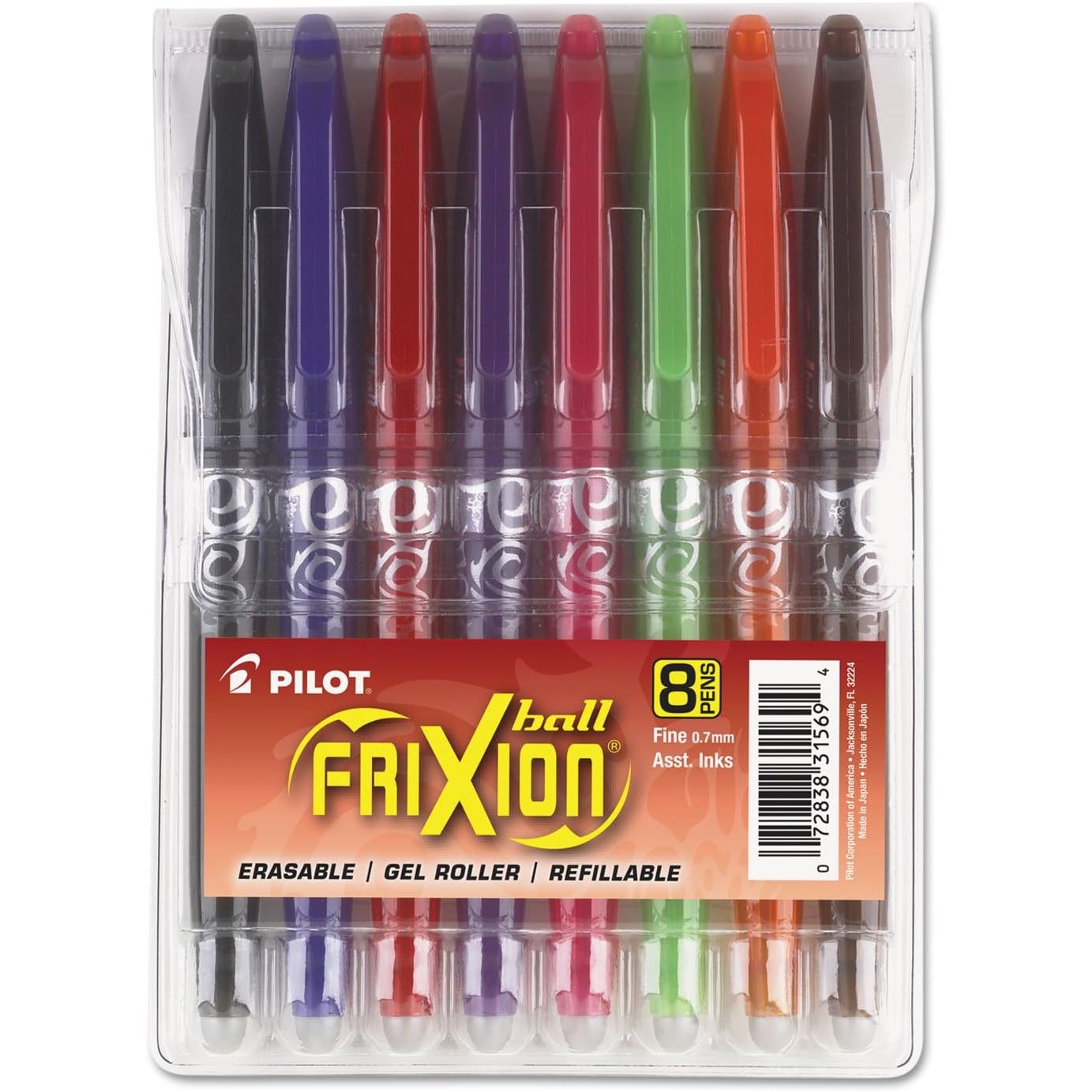 Pilot, FriXion Ball Erasable & Refillable Gel Ink Pens, Fine Point 0.7 mm, Pack of 8, Assorted Colors