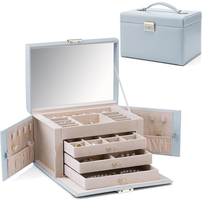 Vlando Jewelry Box Organizer for Girls Women, Large Baroque Jewelry Holder Organizer with Mirror, 3 Drawers for Bracelets, Earrings, Rings, Necklaces, Mothers Day for Loved One, Pink