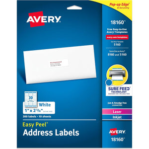 Avery Easy Peel Printable Address Labels with Sure Feed, 1" x 2-5/8" Customizable Stickers, White, 300 Blank Mailing Labels, Great for Mailing, Shipping, and More (18160)