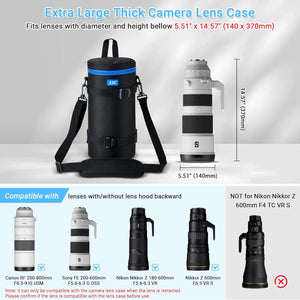 Extra Large Thick Camera Lens Case Bag for Canon RF 200-800mm F6.3-9 IS for Nikon 180-600mm/600mm F6.3 for Sony 200-600mm Zoom with Reversed Lens Hood&Teleconverte,Fits Lenses Below 5.5x14.6"(D x L)