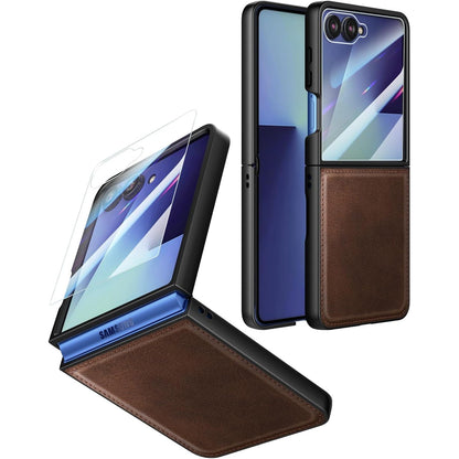 Foluu for Samsung Galaxy Z Flip 5 5G Case, Leather Case, PU Leather + Hard PC Shell Ultra Thin Slim Durable Protective Phone Case Cover for Samsung Galaxy Z Flip5 5G 2023 (Brown)