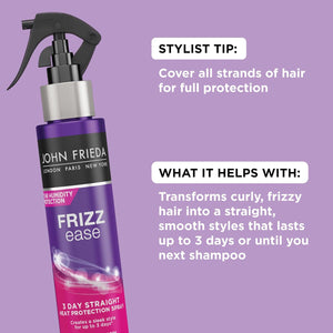 John Frieda Frizz Ease 3 Day Straight Heat Protection Spray, Keeps Hair Straight and Frizz-Free for 3 Days, Keratin-Infused Flat Iron & Styling Spray for a Smooth, Sleek Finish, 3.5 Oz