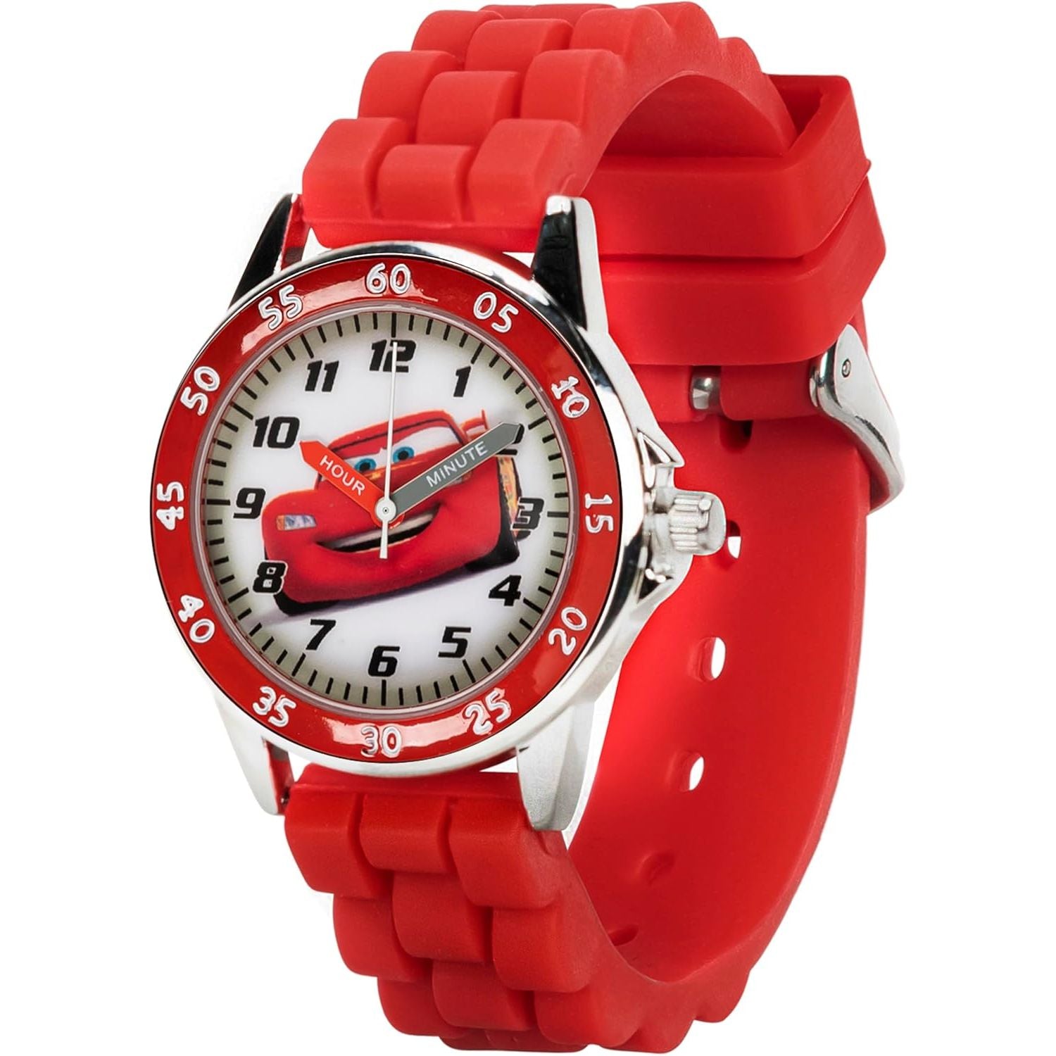 Buy now Disney Pixar Cars Kids' Time-Teaching Watch – Lightning McQueen Design with Red Silicone Strap, Easy-to-Read Dial, and Adjustable Fit for Wrists 5.5" to 8" at indiglob india
