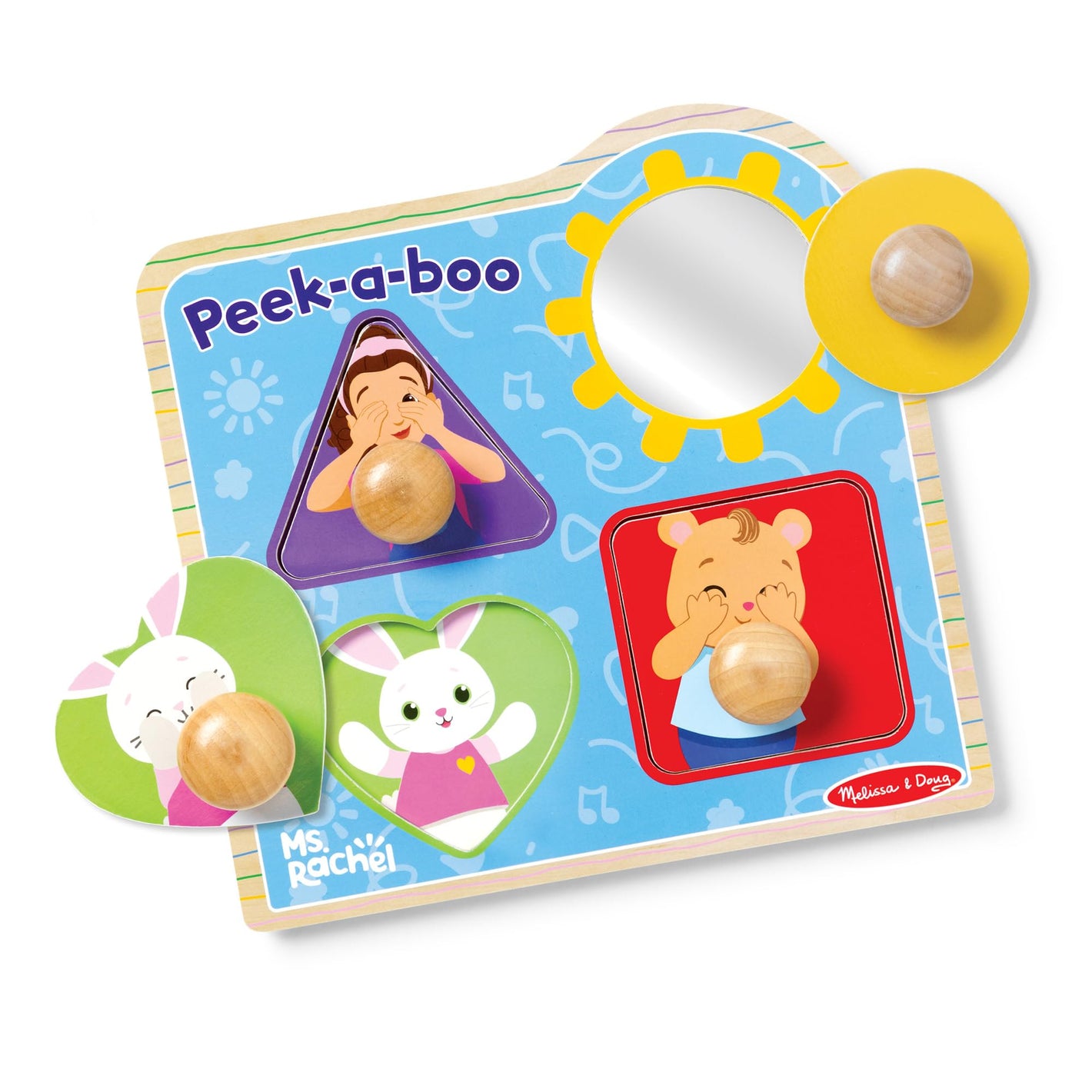 Buy now Melissa & Doug?? Ms. Rachelƒ?› Wooden Peek-a-Boo Jumbo Peg Puzzle, 4-Piece with Mirror, Toddler Toys for Boys and Girls Ages 1+ Years at indiglob india
