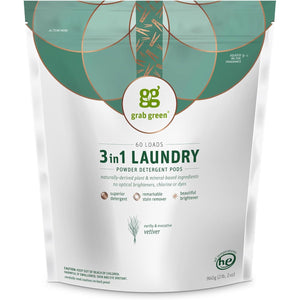 Grab Green 3-in-1 Laundry Detergent Pods, 60 Count, Vetiver Scent, Plant and Mineral Based, Superior Cleaning Power, Stain Remover, Brightens Clothes