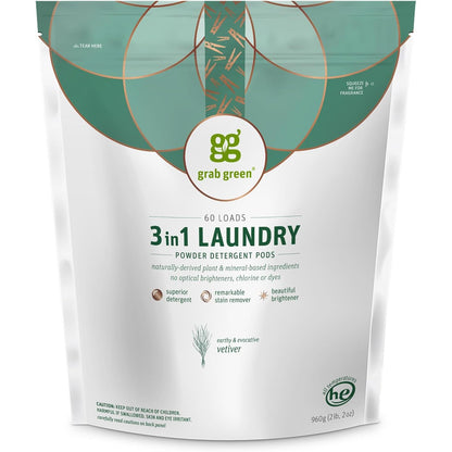 Grab Green 3-in-1 Laundry Detergent Pods, 60 Count, Vetiver Scent, Plant and Mineral Based, Superior Cleaning Power, Stain Remover, Brightens Clothes
