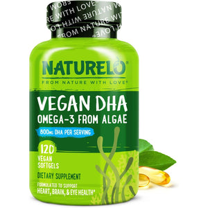 NATURELO Vegan DHA - Omega 3 Oil from Algae - Supplement for Brain, Heart, Joint, Eye Health - Provides Essential Fatty Acids for Women Men and Kids - Complements Prenatal Vitamins - 120 Softgels