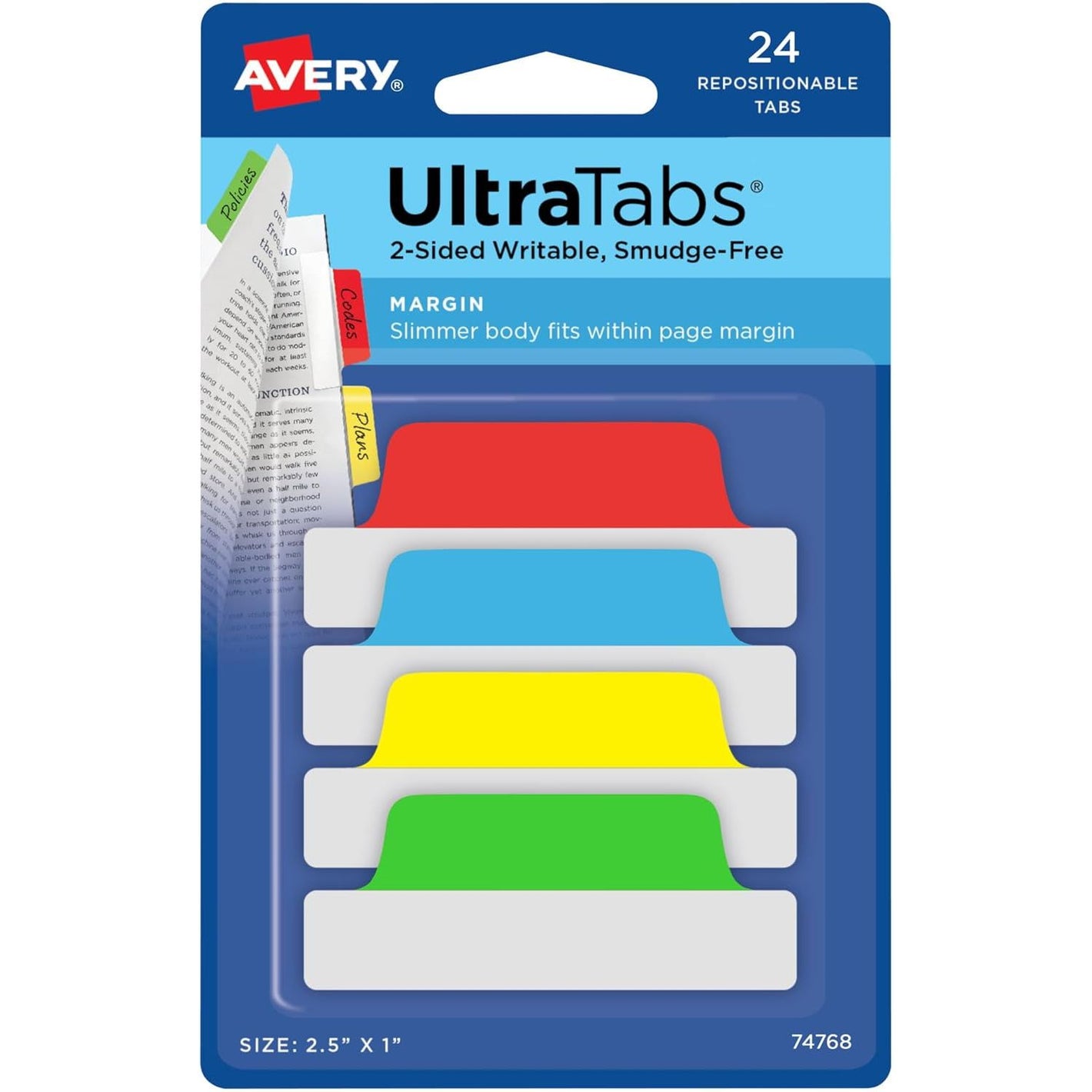 Avery Margin Ultra Tabs, 2.5" x 1", 2-Side Writable, Assorted Colors, 24 Repositionable Page Tabs (74768)