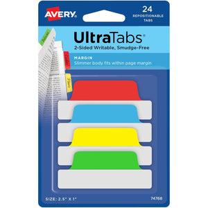 Avery Margin Ultra Tabs, 2.5" x 1", 2-Side Writable, Assorted Colors, 24 Repositionable Page Tabs (74768)
