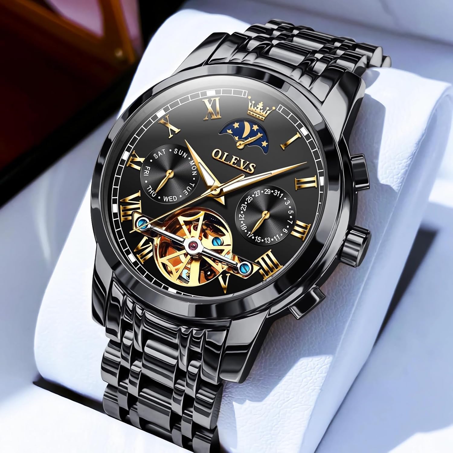 Buy now OLEVS Mens Automatic Watches Skeleton Tourbillon Mechanical Self Winding Luxury Dress Wrist Watch Moon Phase Day Date Waterproof Luminous at indiglob india