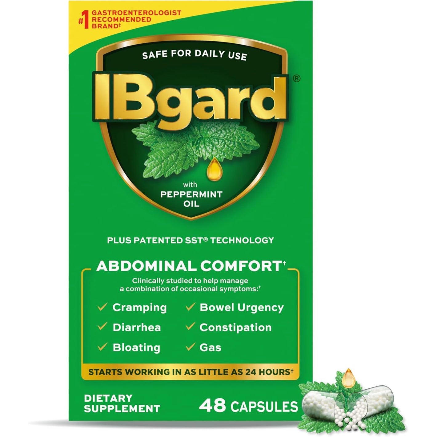 IBgard Gut Health Supplement, Peppermint Oil Capsules for Abdominal Comfort, 48 Capsules